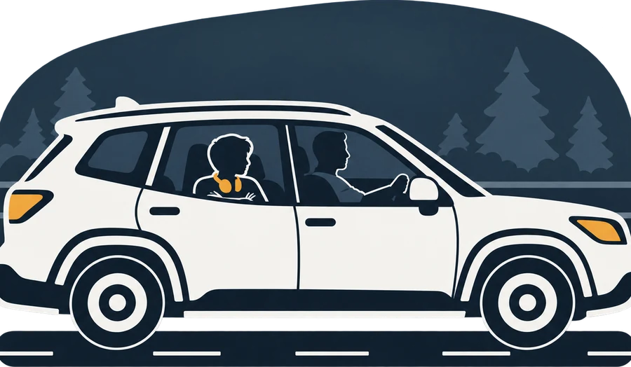 A family car at night, the kid in back with arms crossed and headphones around the neck, a parent driving