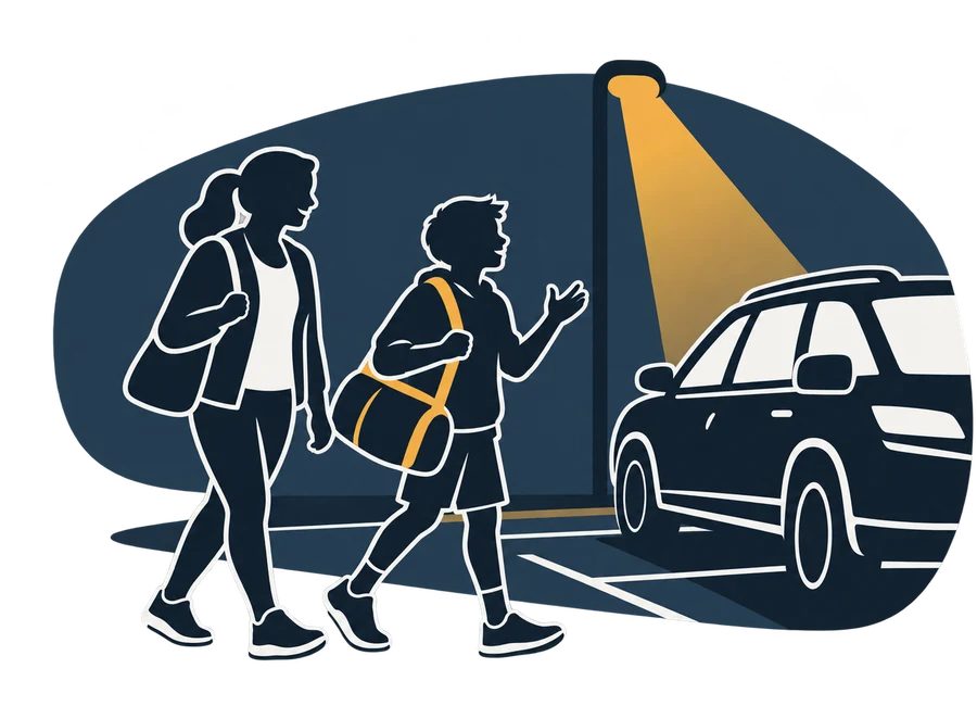 A kid and a parent walking to the car after a game, the kid telling the story