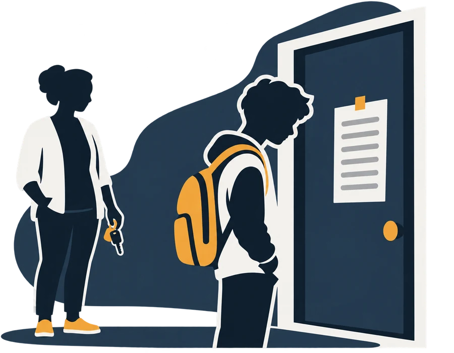 A kid looking at the team list on a door, a parent waiting a few steps back with the car keys