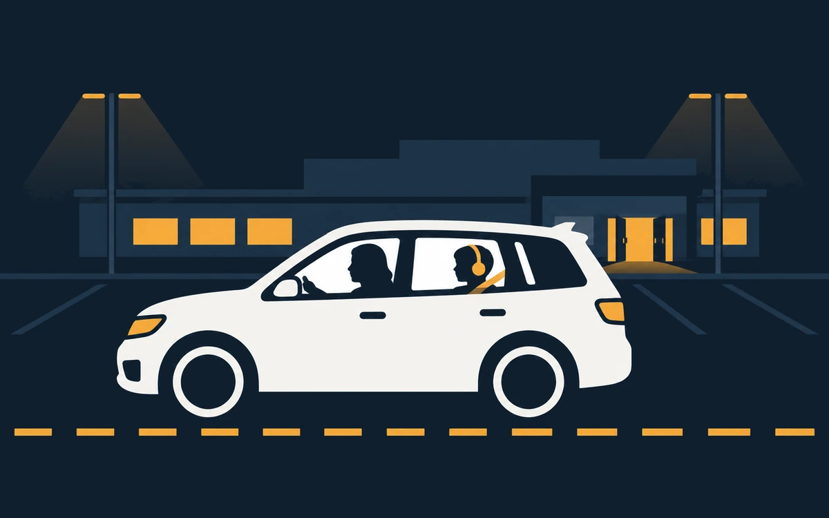 A family car in the parking lot after a game, the kid in back with headphones on