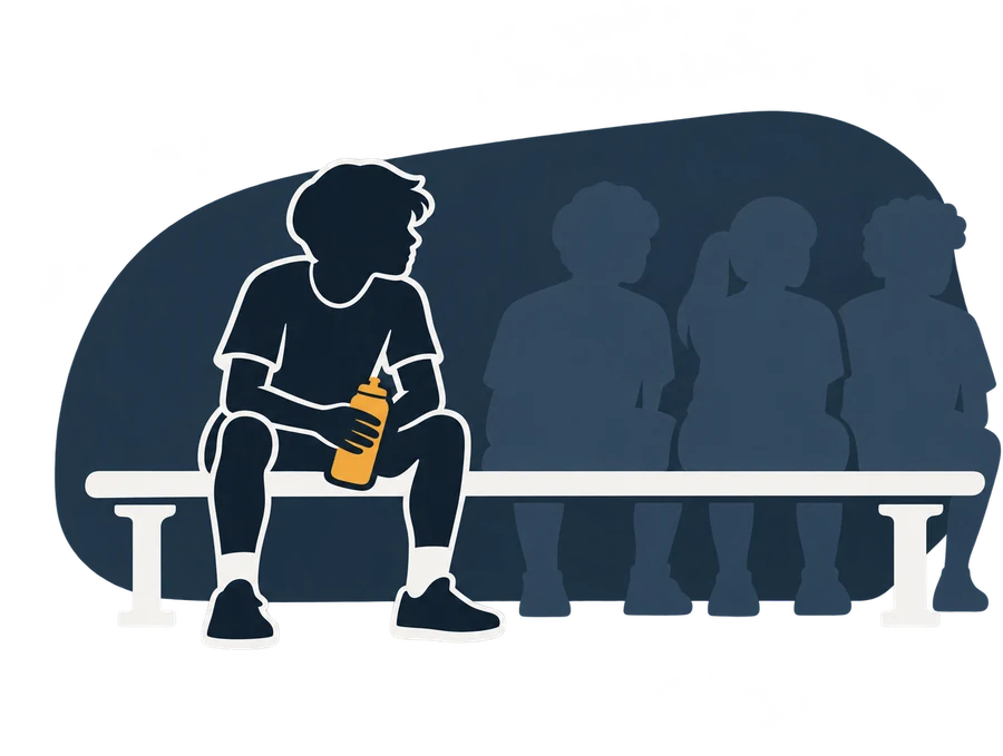 A kid at the end of the bench with a water bottle, teammates beside them