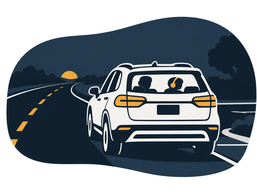 The family car pulling onto the road home at dusk, the kid with headphones on