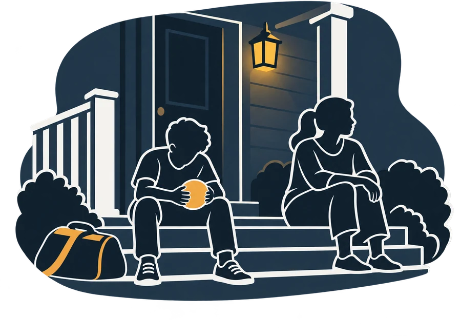 A kid on the front steps holding a ball, a parent sitting a few feet away