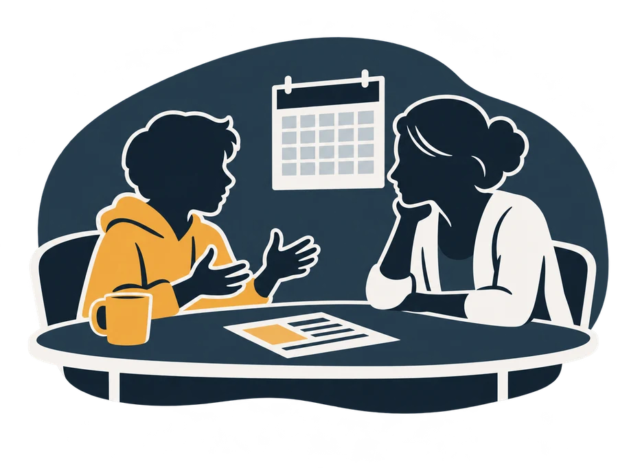A kid explaining their reasons at the kitchen table, a parent listening