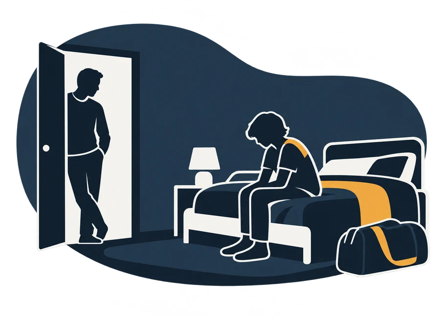 A kid sitting on the edge of the bed, head down, a parent leaning in the doorway