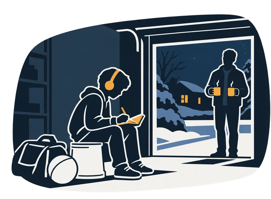 A kid in the garage writing their own plan in a notebook, a parent in the doorway with two mugs